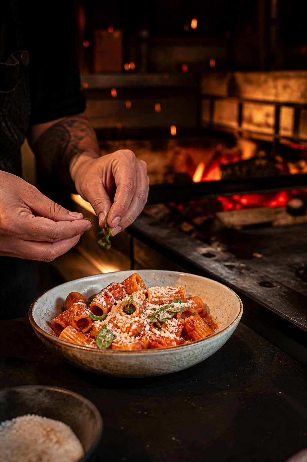 Chef finishing a bowl of tomato rigatoni by a charcoal fire